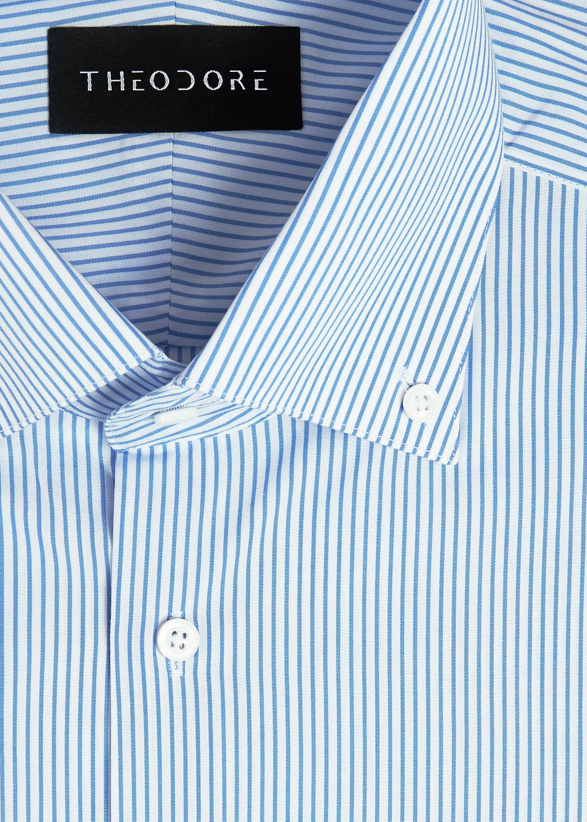 Twill Stripe Light Blue Shirt collar and placket close-up with Theodore label