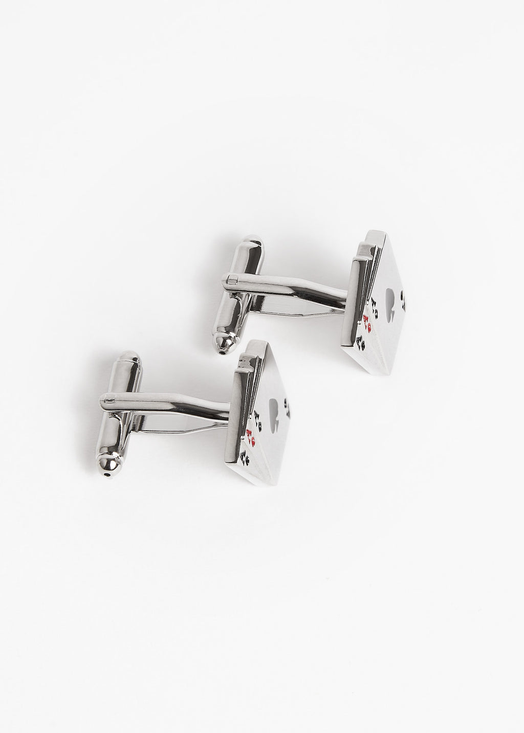 Silver Poker Cufflinks pair, angled view with the fastening bars pointing left