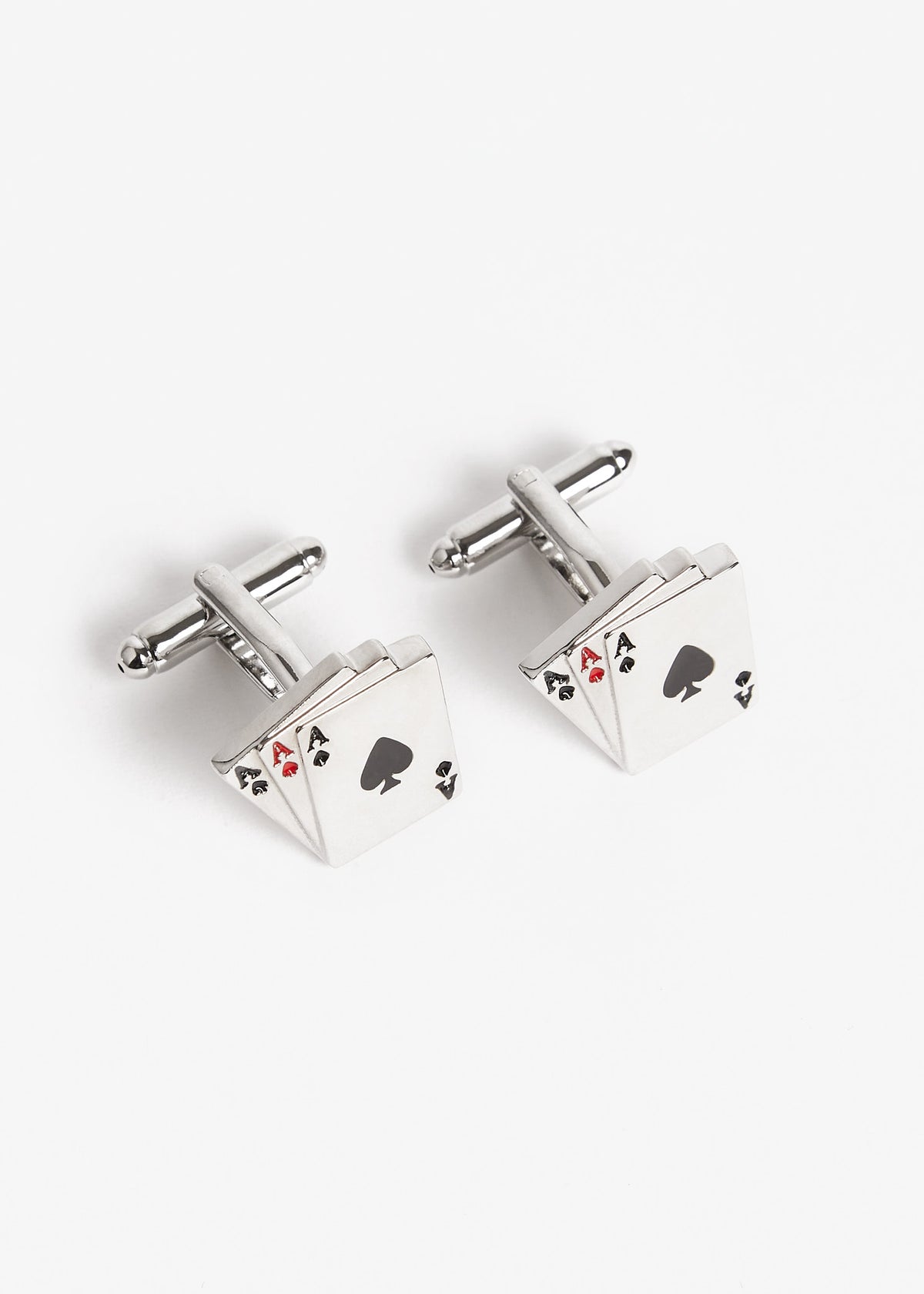 Silver Poker Cufflinks pair, closer crop with the fastening bars pointing right