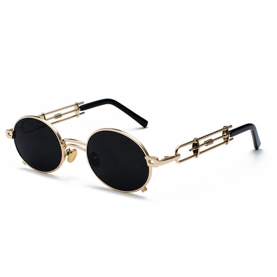 Soho Sunglasses in gold frame with round black lenses, angled product shot