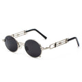 Soho Sunglasses in silver frame with round black lenses, angled product shot