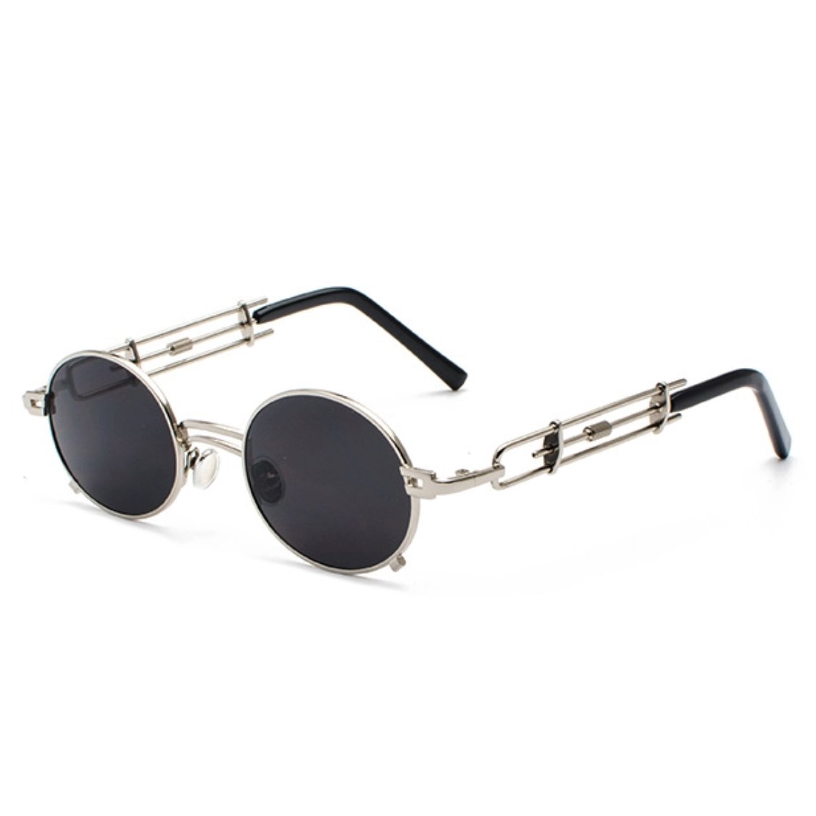 Soho Sunglasses in silver frame with round black lenses, angled product shot