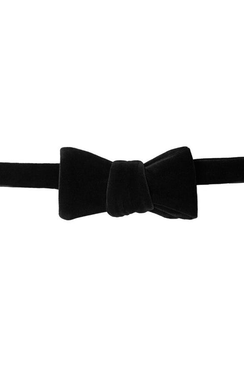 Black Velvet Bow Tie shown tied, front view on a plain background