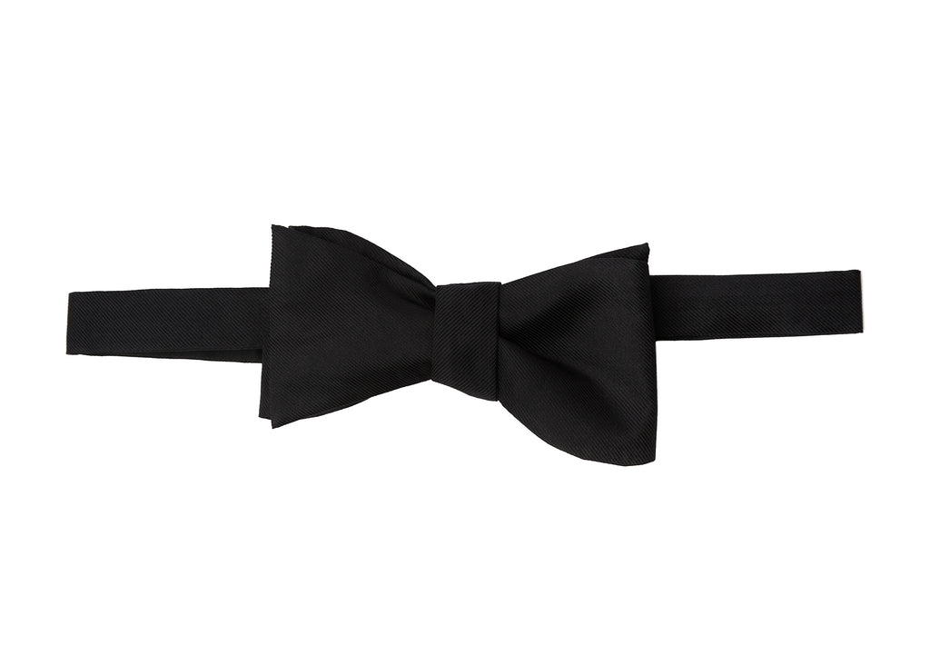 Black Ribbed Silk Bow Tie shown tied, flat on a plain background