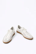 White GAT Sneakers, pair in white leather with grey suede overlays and gum soles on a white background