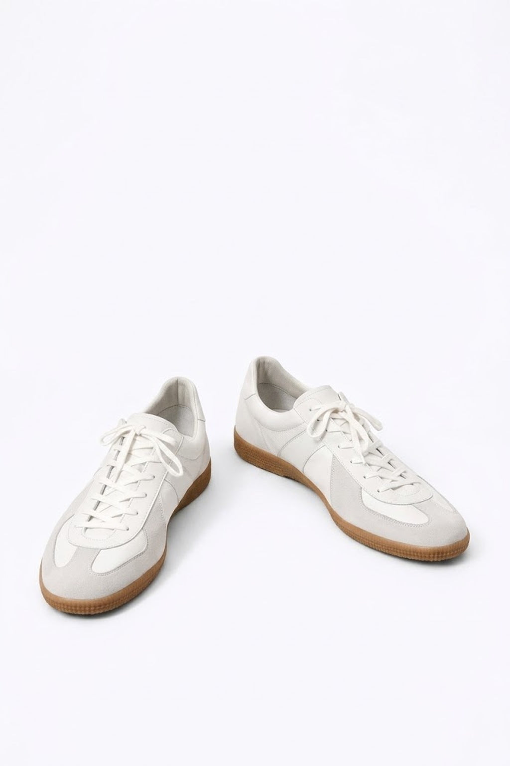 White GAT Sneakers, pair in white leather with grey suede overlays and gum soles on a white background