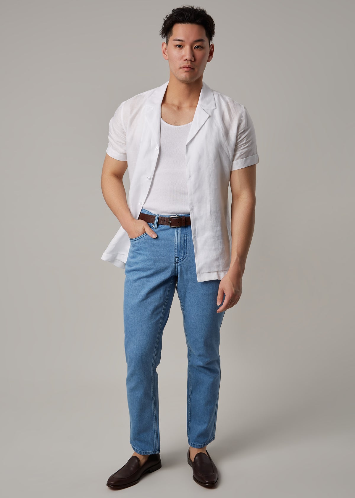 La Havana Breeze White Linen Shirt, full front view on a model with a hand in pocket