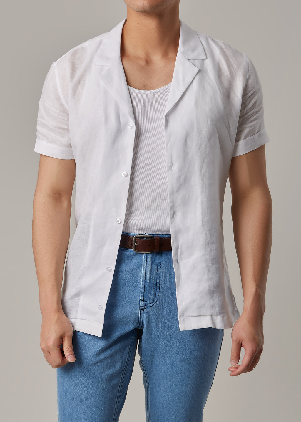La Havana Breeze White Linen Shirt, torso view on a model with the placket open