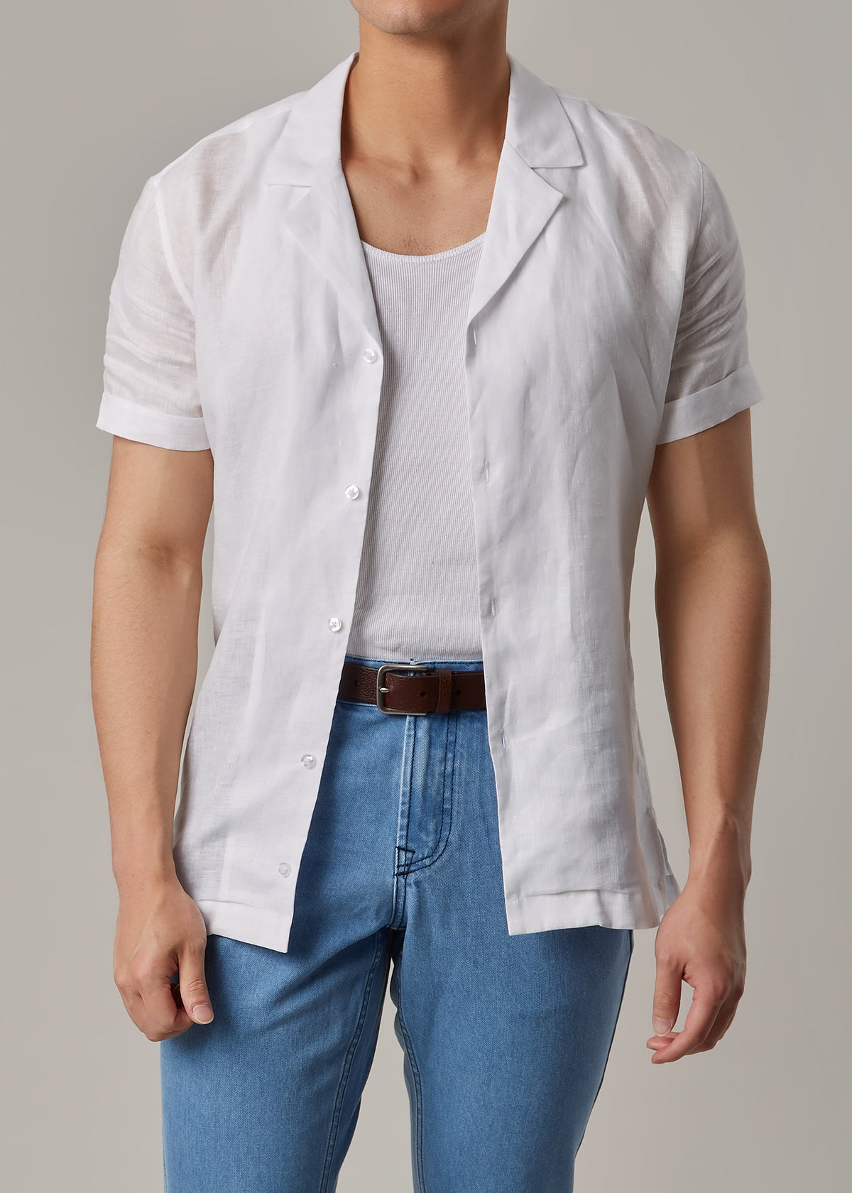 La Havana Breeze White Linen Shirt, torso view on a model with the placket open
