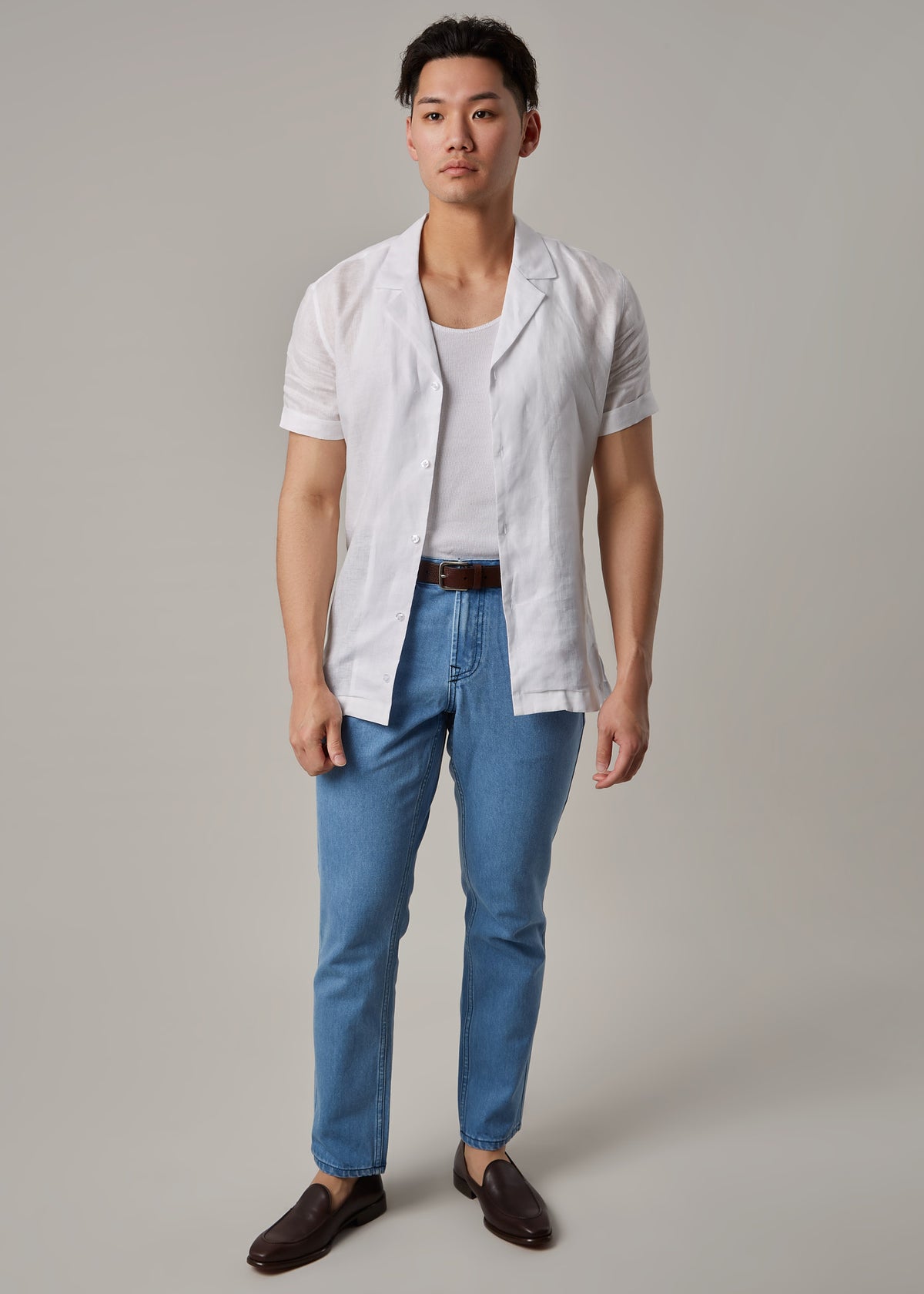 La Havana Breeze White Linen Shirt, full front view on a model with arms relaxed