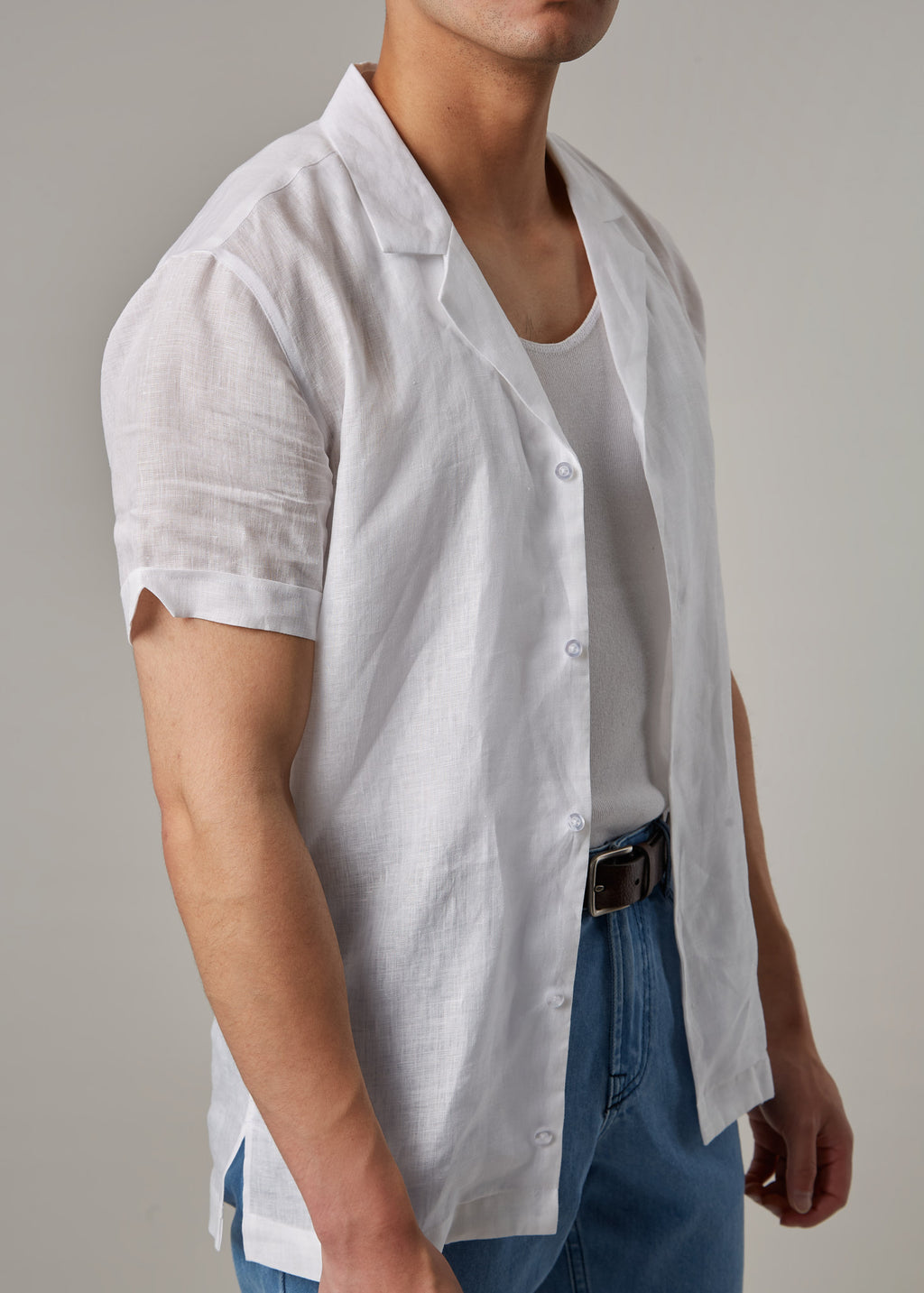 La Havana Breeze White Linen Shirt, side-angled torso view on a model