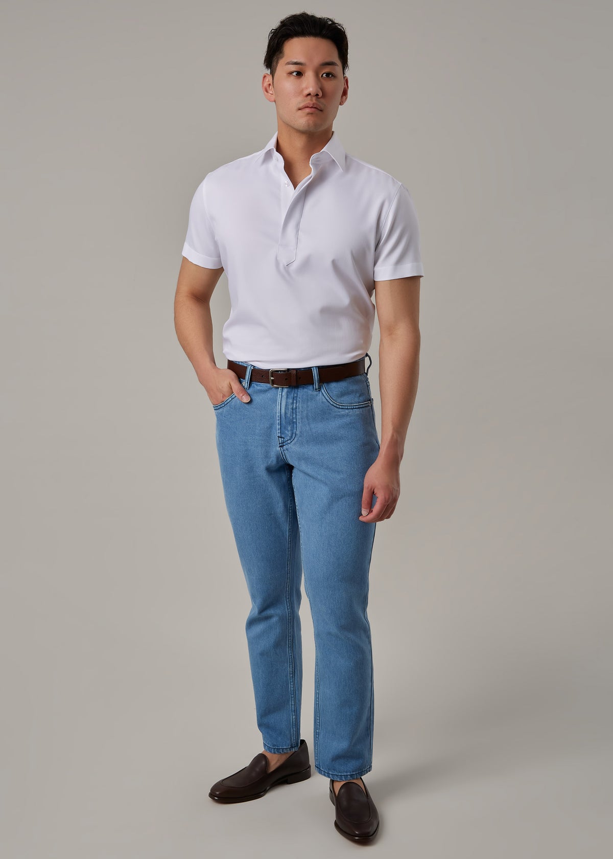 White Short Sleeve Popover Shirt, full front view on a model looking aside