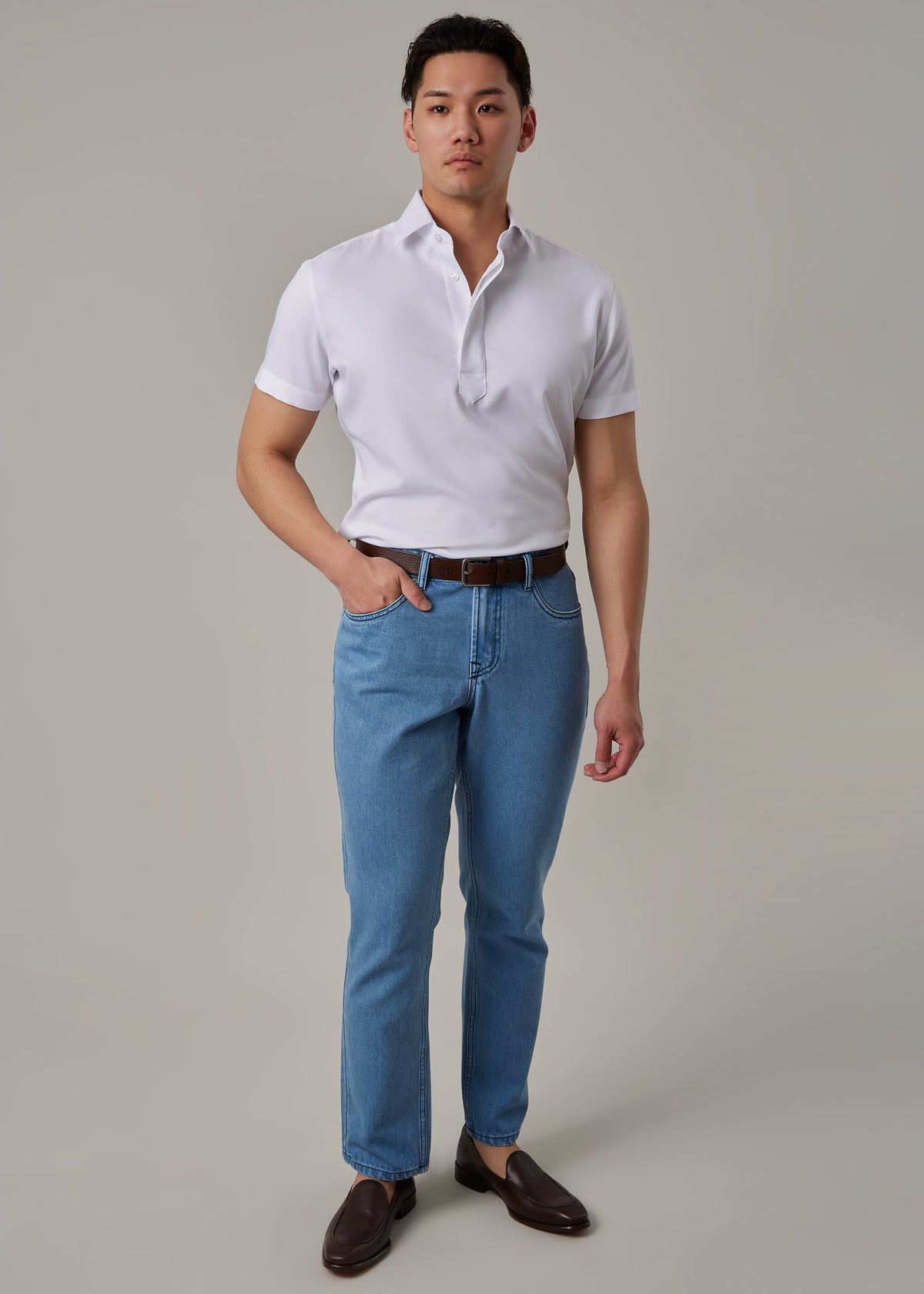 White Short Sleeve Popover Shirt, full front view on a model facing the camera