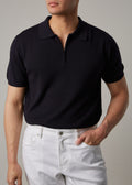 Fireball Zip Polo Navy worn by a model, front view of the quarter-zip collar