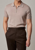 Fireball Zip Polo Beige worn with dark brown trousers, front view of the collar