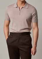 Fireball Zip Polo Beige worn with dark brown trousers, front view of the collar