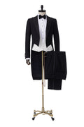 Onyx Opulence Black Morning Coat with tails and white waistcoat on a mannequin, front view