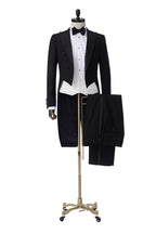 Onyx Opulence Black Morning Coat with tails and white waistcoat on a mannequin, front view