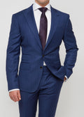 Carnaby Street navy pinstripe suit, close-up of the buttoned jacket and tie