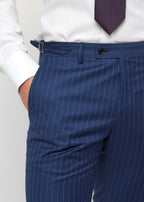 Close-up of the Carnaby Street suit trousers' waistband, hand in pocket