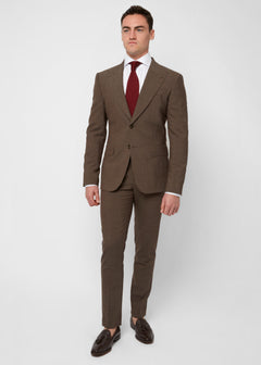 Madison Avenue Brown Suit worn with a burgundy tie, full-length front view