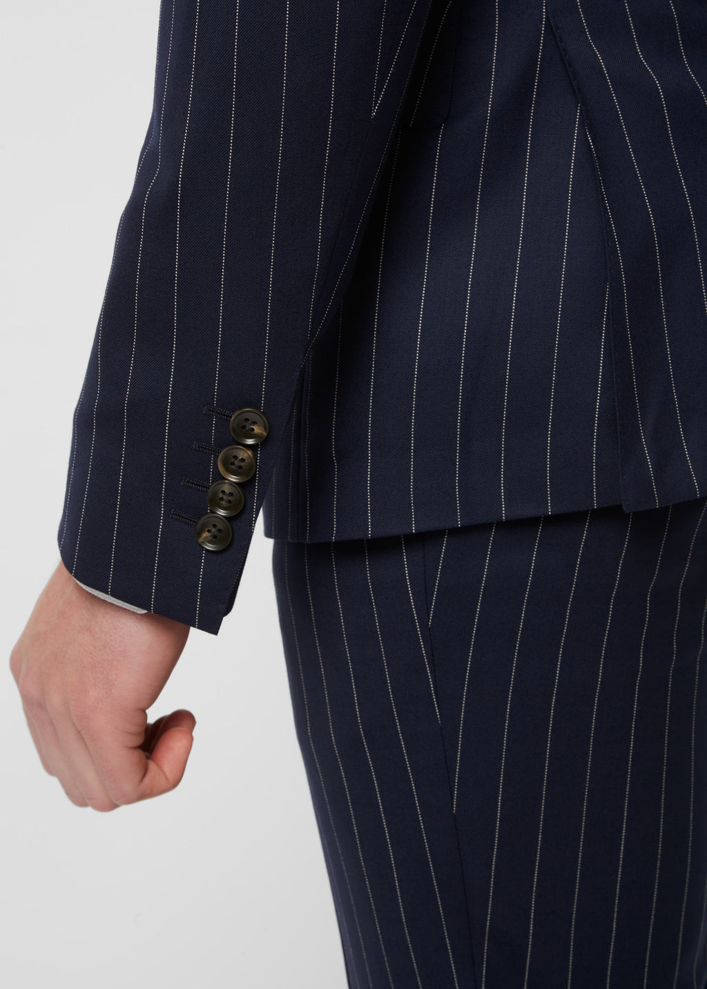 Savile Row Navy Pinstripe Suit double-breasted jacket, close-up front view