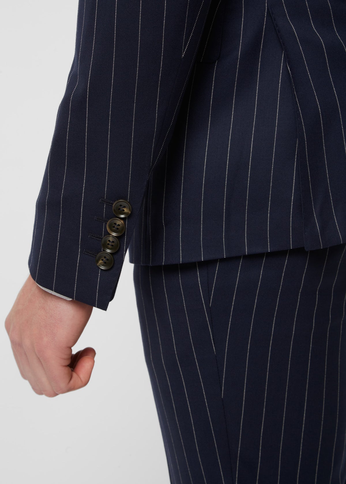 Savile Row Navy Pinstripe Suit double-breasted jacket, close-up front view