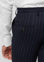 Close-up of the Savile Row Navy Pinstripe Suit peak lapel and purple tie knot