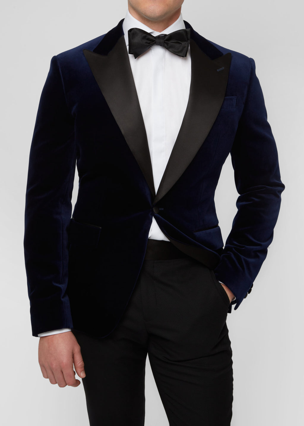 Midnight Luxe Navy Tuxedo worn on a model, cropped from the collar to the waist