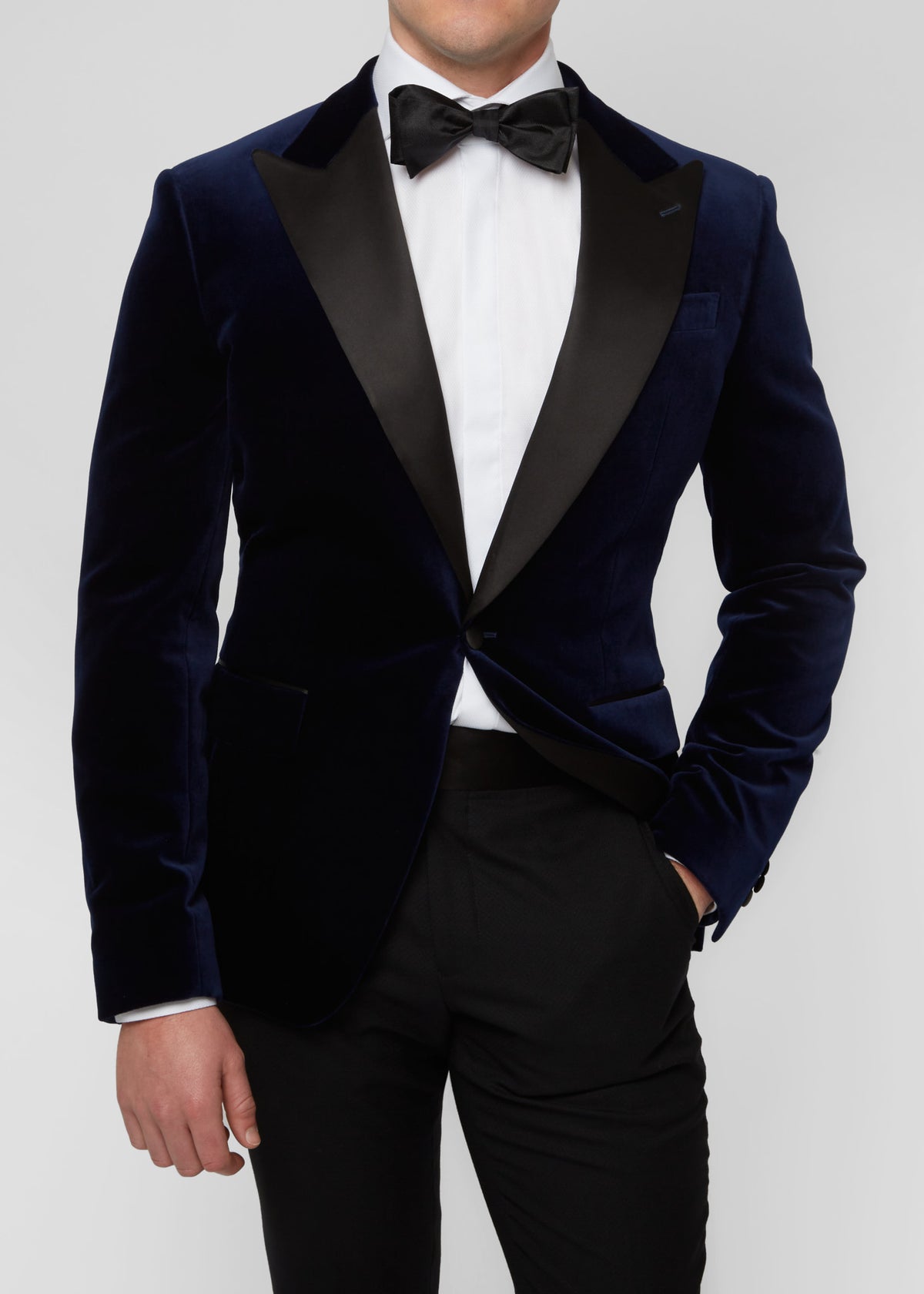 Midnight Luxe Navy Tuxedo worn on a model, cropped from the collar to the waist