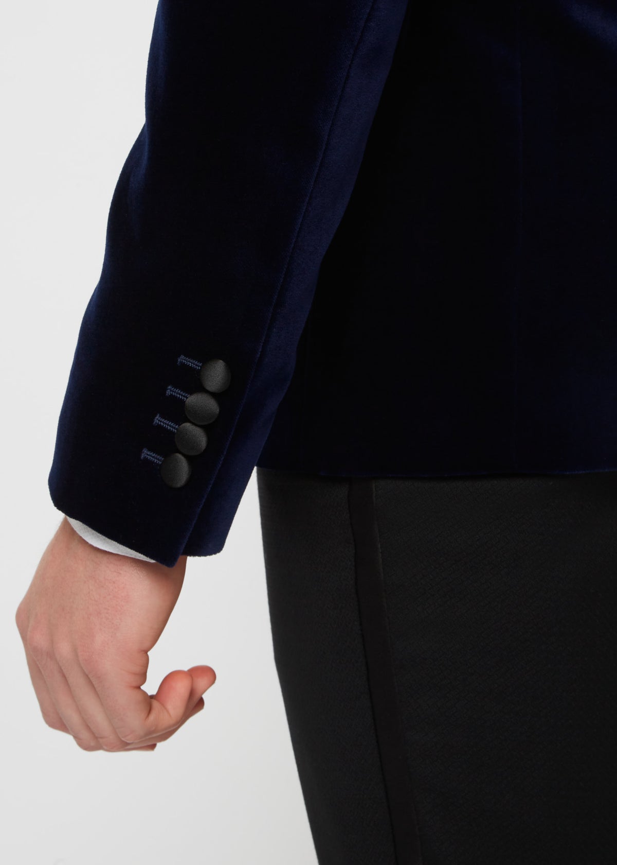 Midnight Luxe Navy Tuxedo, close-up of the sleeve cuff and button detail from behind