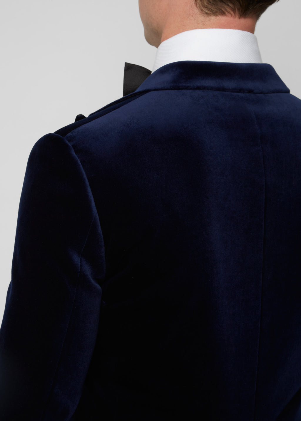 Midnight Luxe Navy Tuxedo, back view close-up of the shoulder and collar