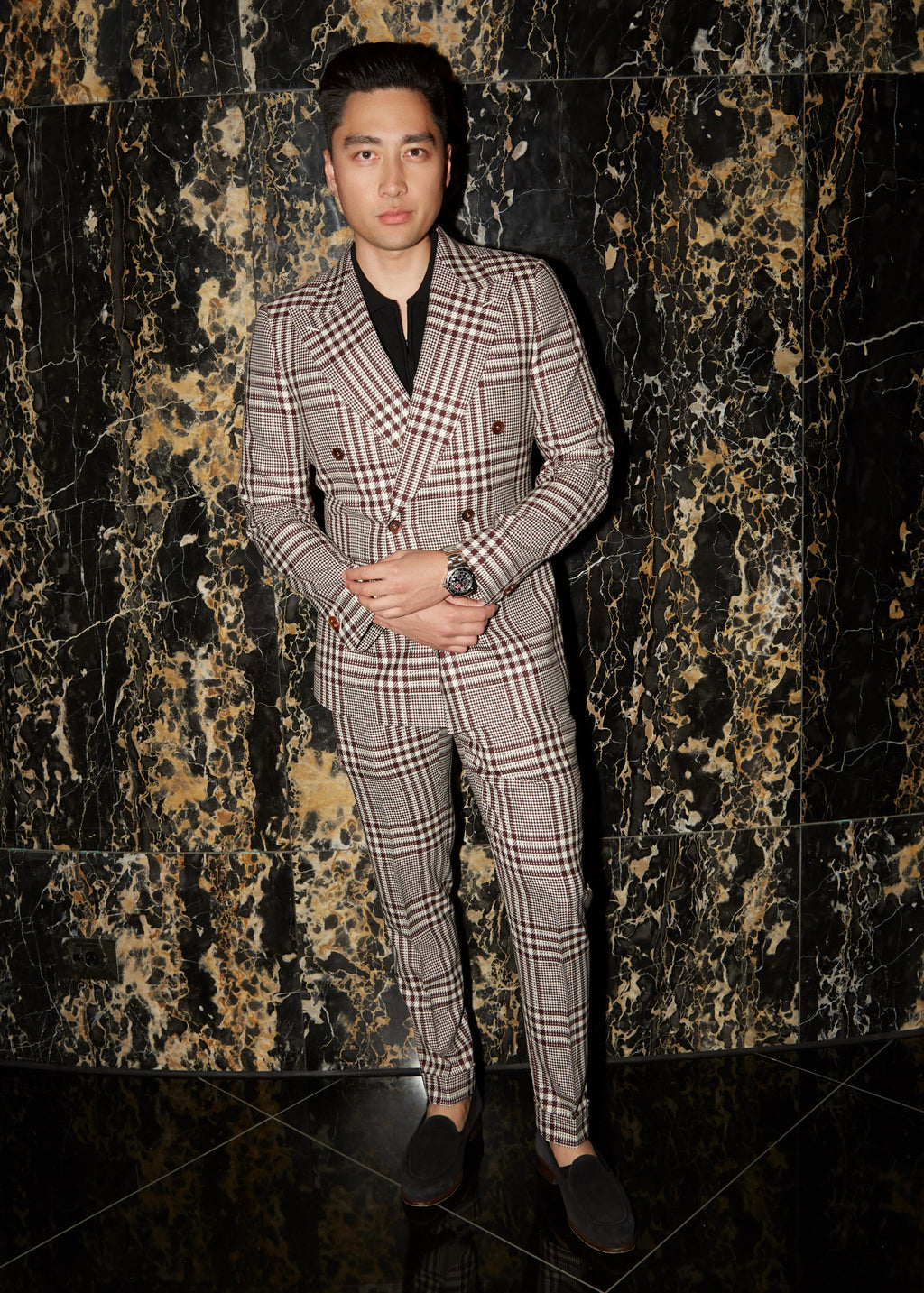Rue Meynadier Burgundy Suit on a model, full front view against a dark marble wall