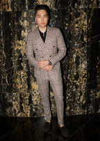 Rue Meynadier Burgundy Suit on a model, full front view against a dark marble wall