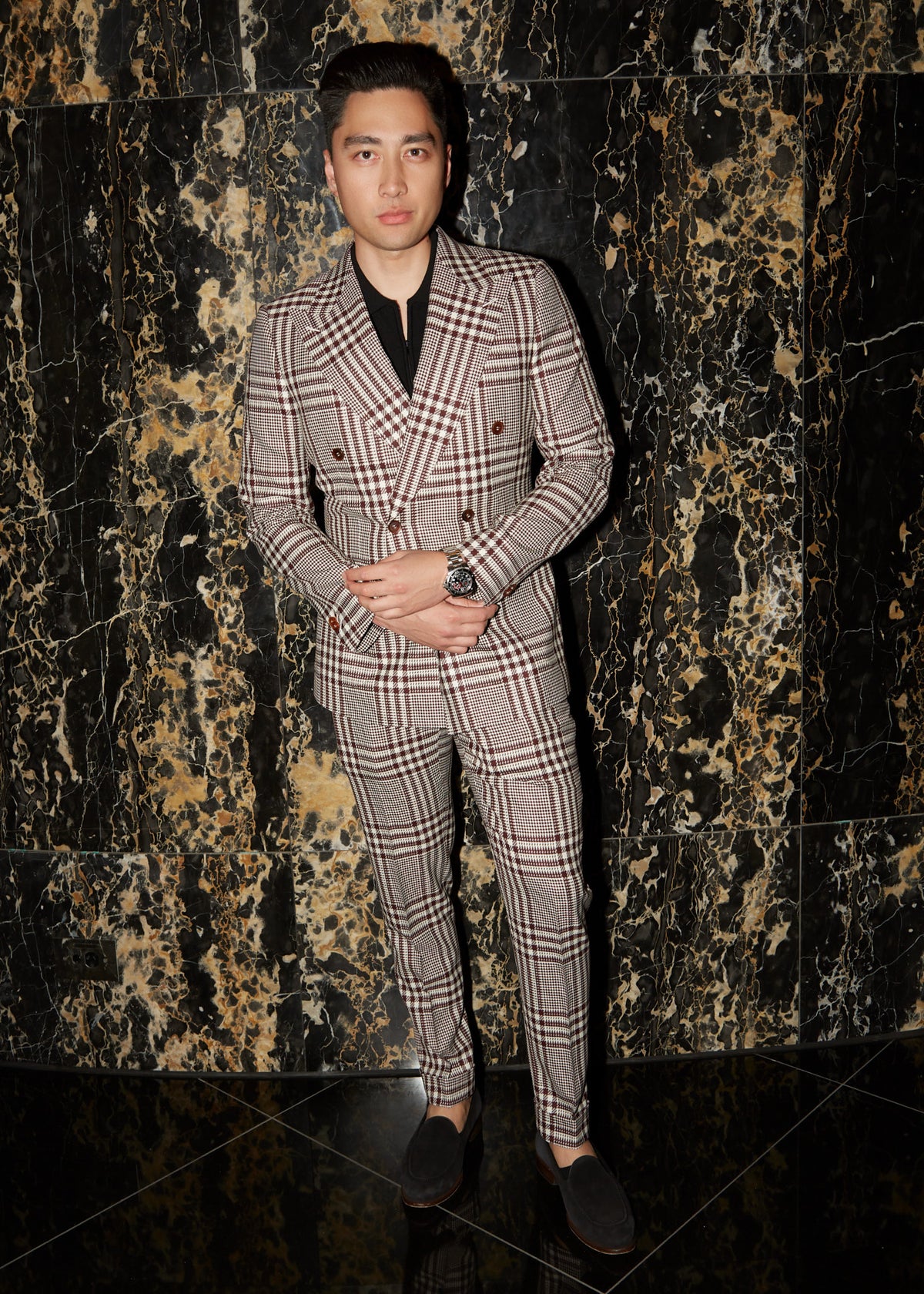 Rue Meynadier Burgundy Suit on a model, full front view against a dark marble wall