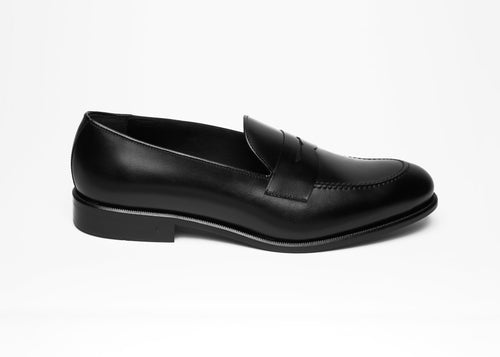 Black Box Calf Penny Loafer, side profile on a plain background