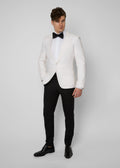Opera House Off White Tuxedo on a model, full front view with a black bow tie