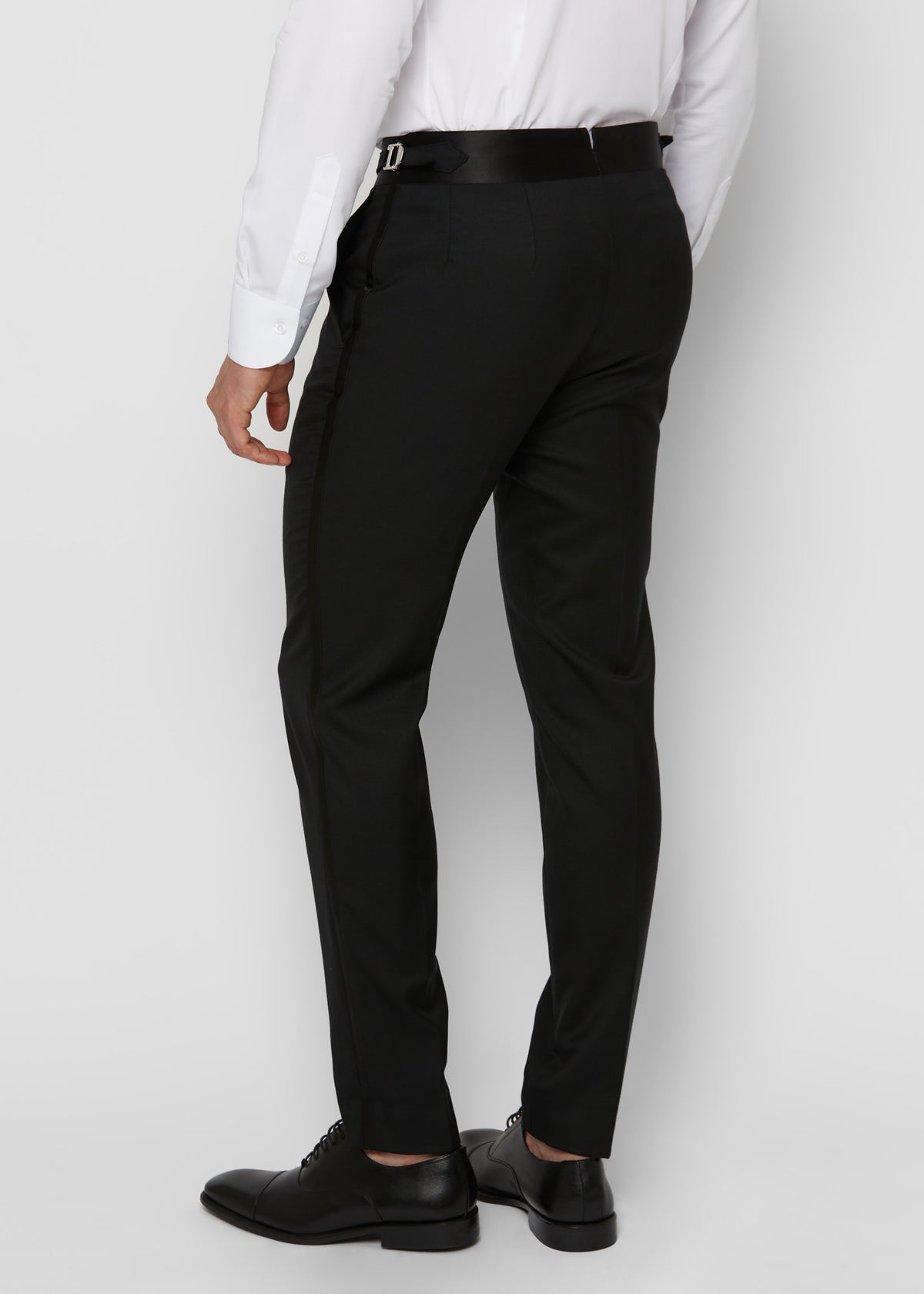 Opera House Off White Tuxedo trousers, full back view on a model with black shoes