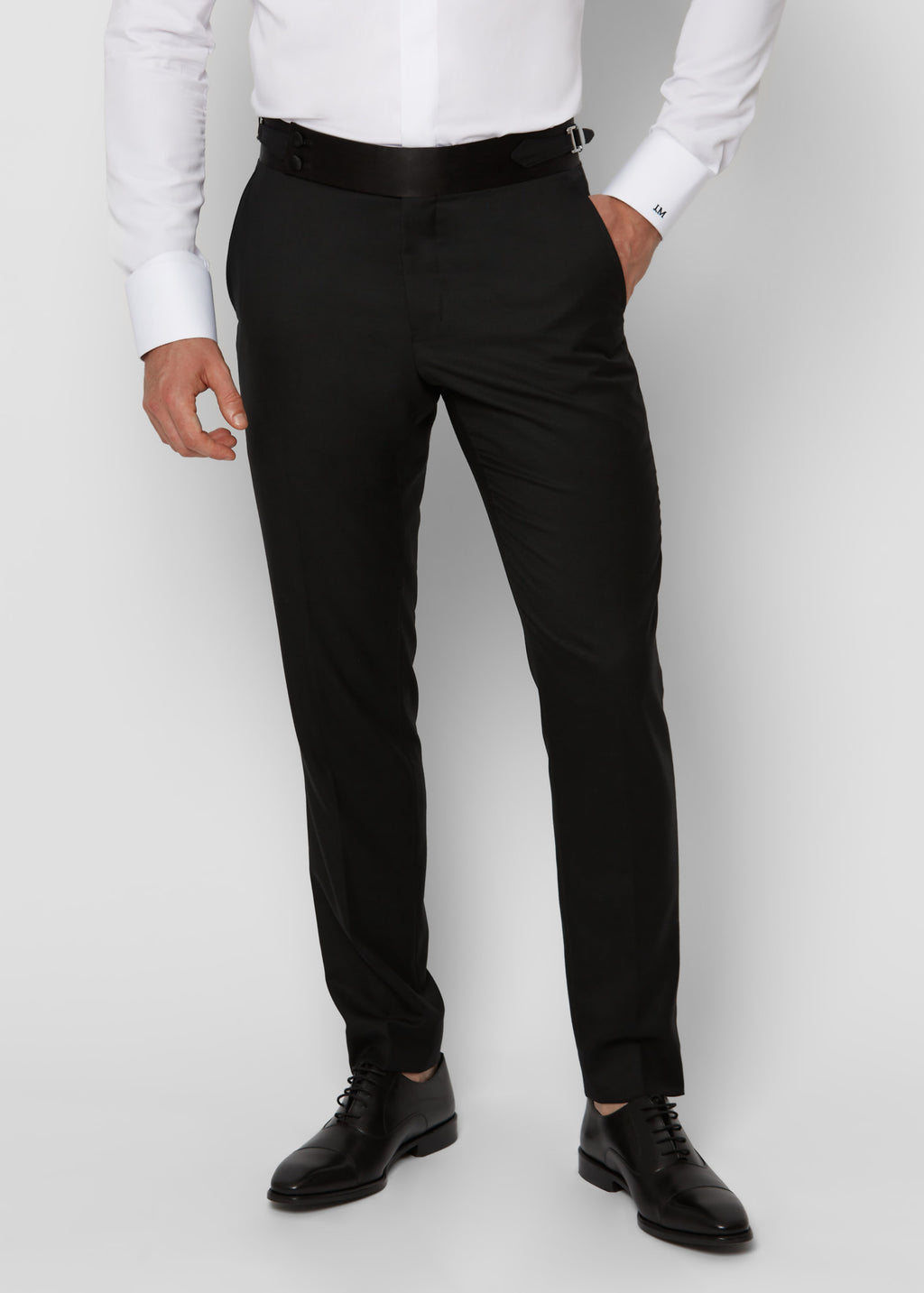 Opera House Off White Tuxedo, close-up of the satin-trimmed trouser waistband