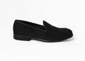 Luxe suede loafer in black, side profile on a plain background