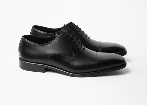 Box Calf Oxford shoes shown as a pair at a three-quarter angle