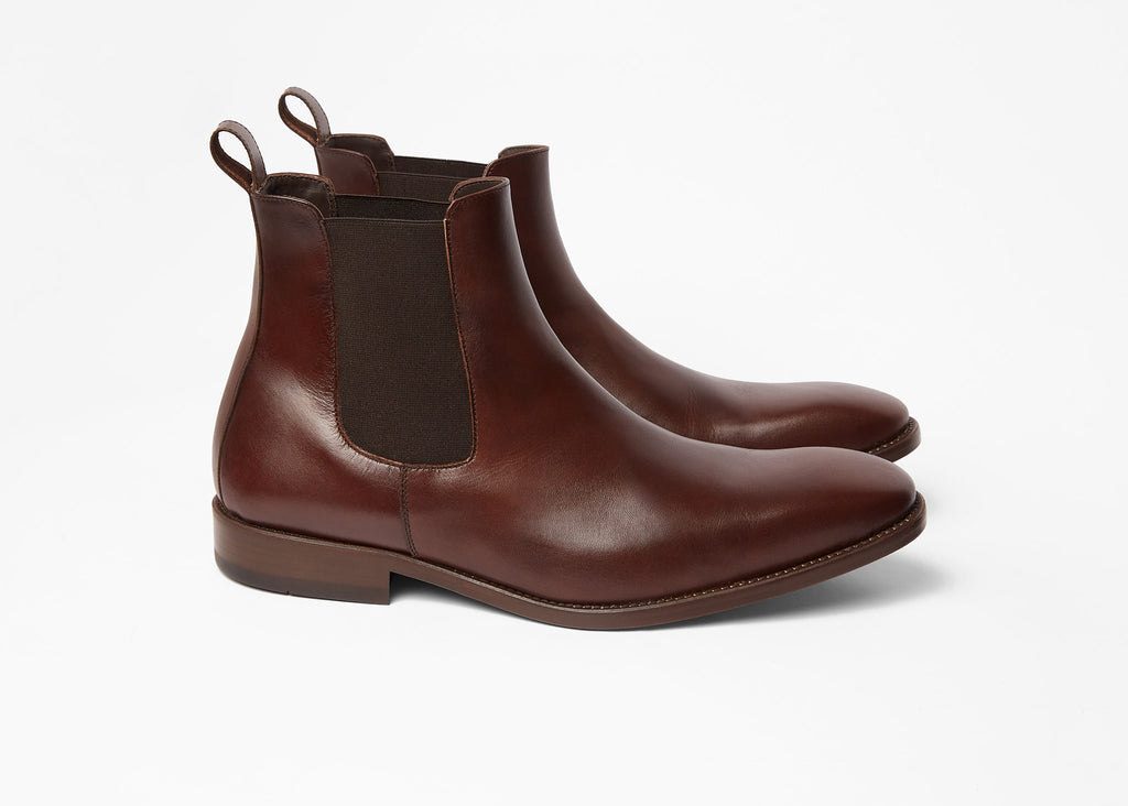 Pair of painted calf Chelsea boots in brown leather, angled view
