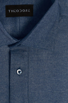 Denim Popover Shirt, flat close-up of the collar and placket with the THEODORE label