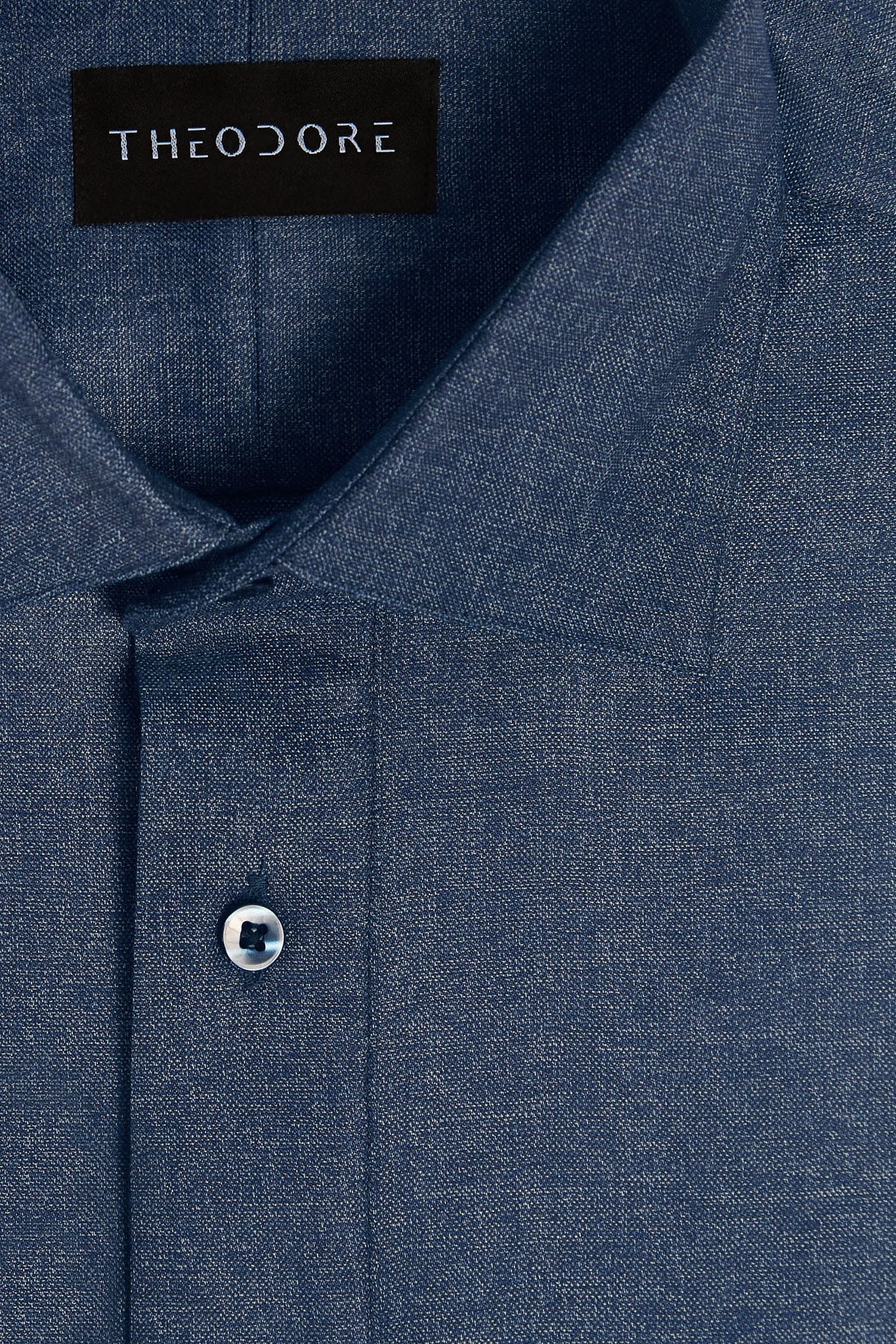 Denim Popover Shirt, flat close-up of the collar and placket with the THEODORE label