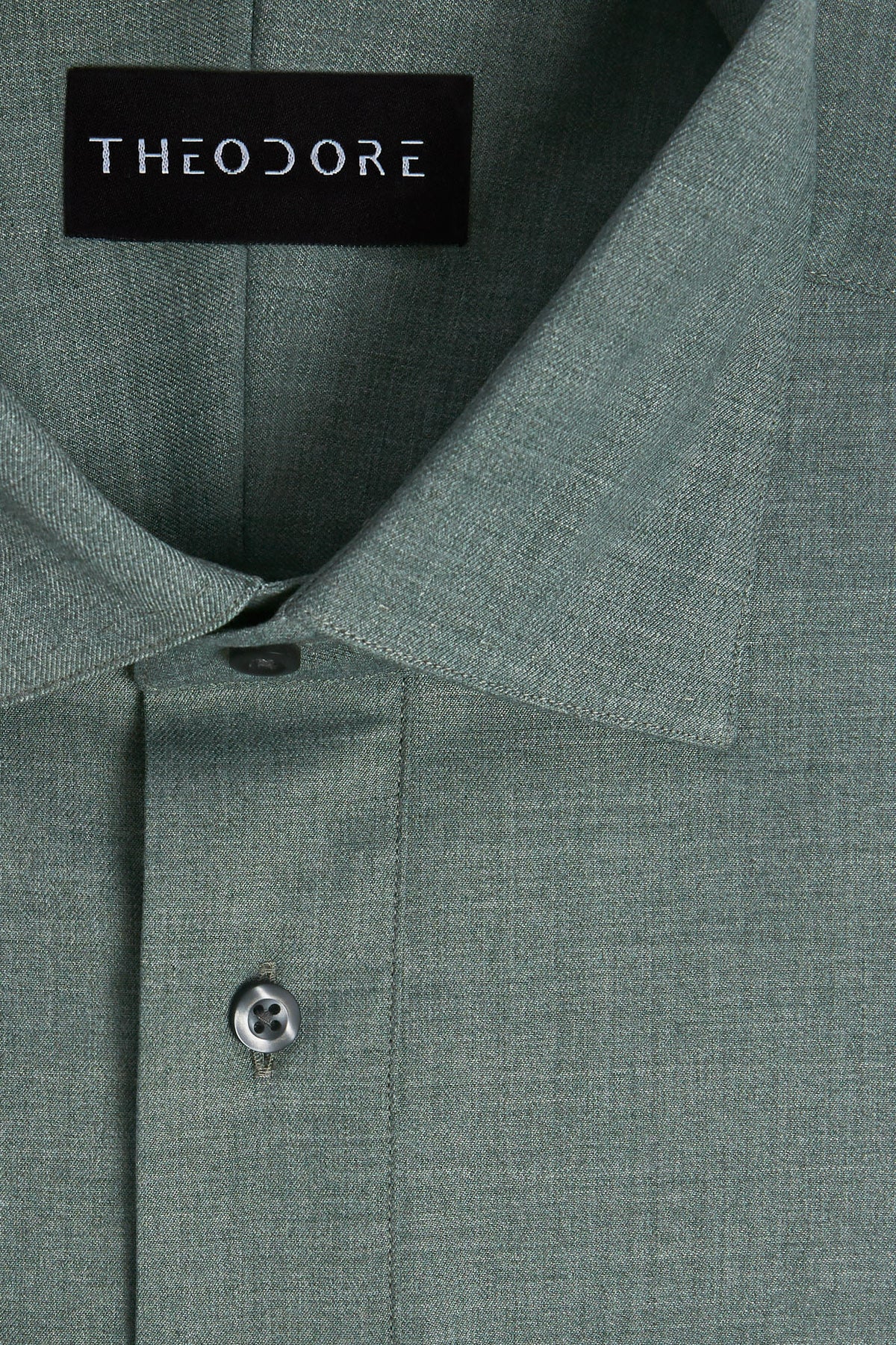 Green Popover Shirt, close-up of the collar and button placket with the THEODORE label