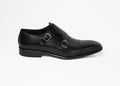 Painted calf double monk shoe in black, single side profile view