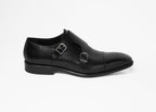 Painted calf double monk shoe in black, single side profile view