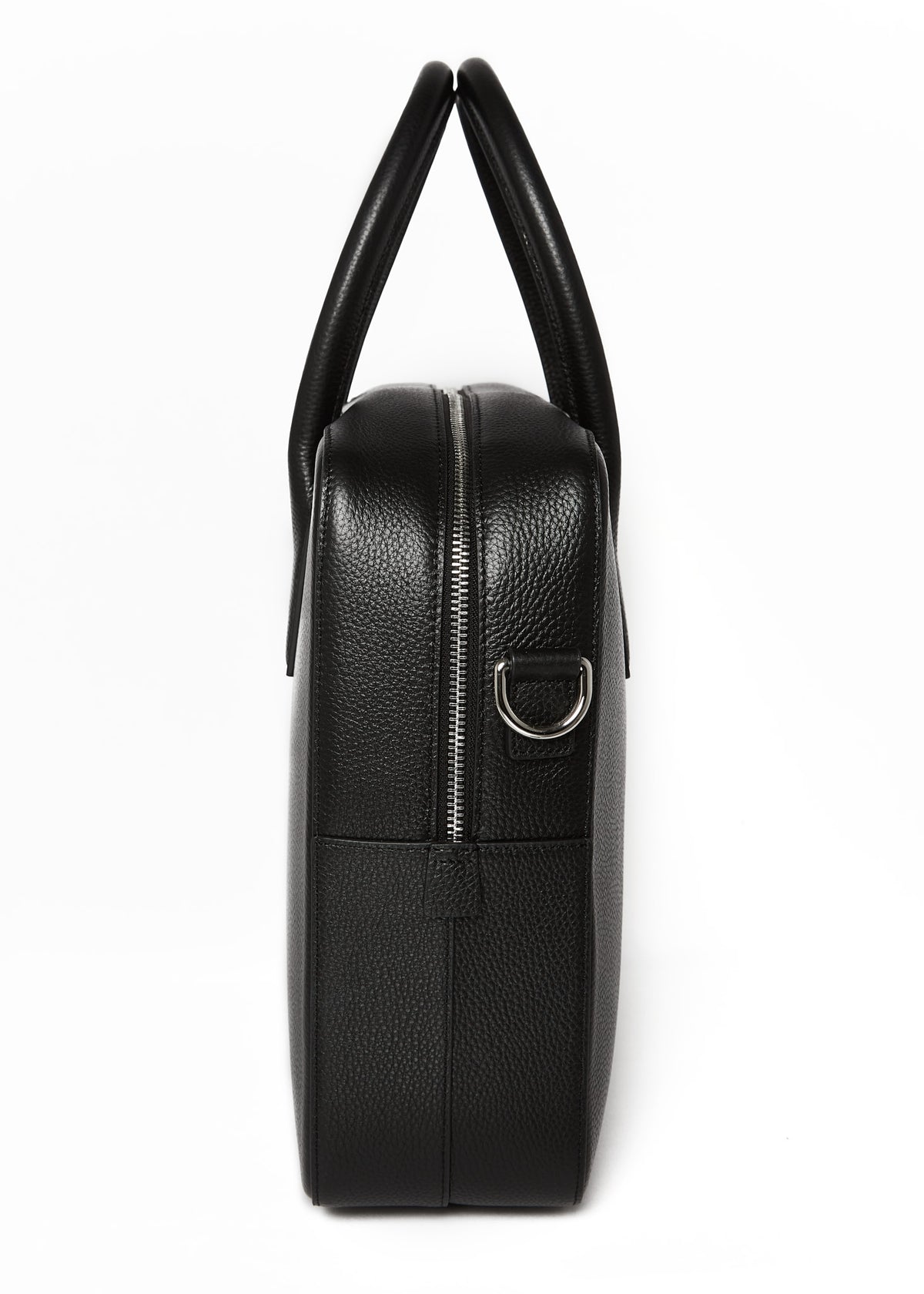 Timothy briefcase side profile showing its depth and the strap D-ring