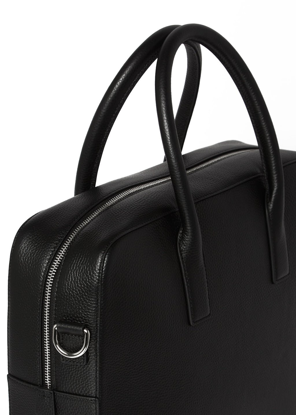 Close-up of the Timothy briefcase's top handles and D-ring hardware