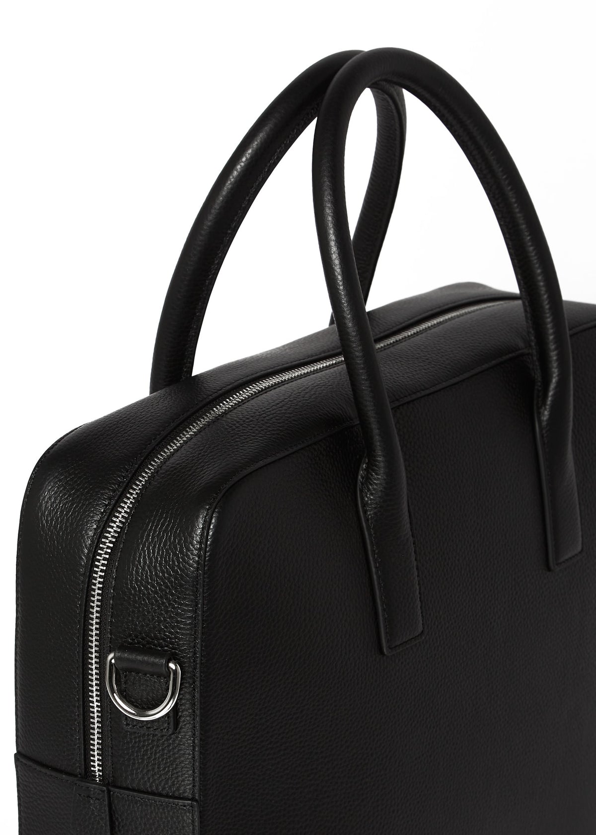 Close-up of the Timothy briefcase's top handles and D-ring hardware